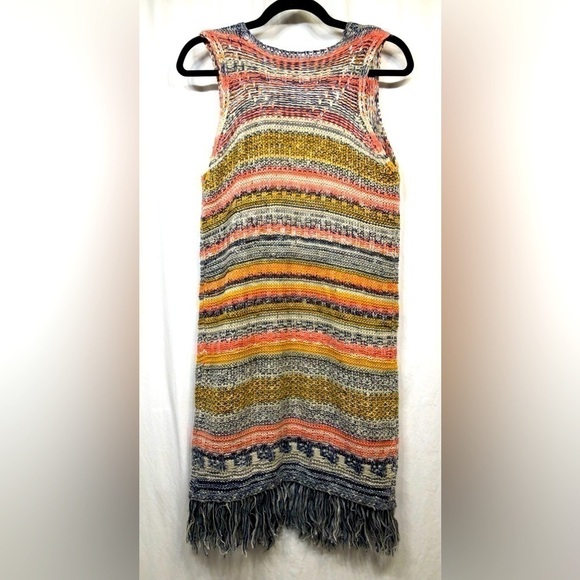 Paper Crane Knit Long Cardigan Duster Multicolor Fringe Open Front Medium - Picture 14 of 16